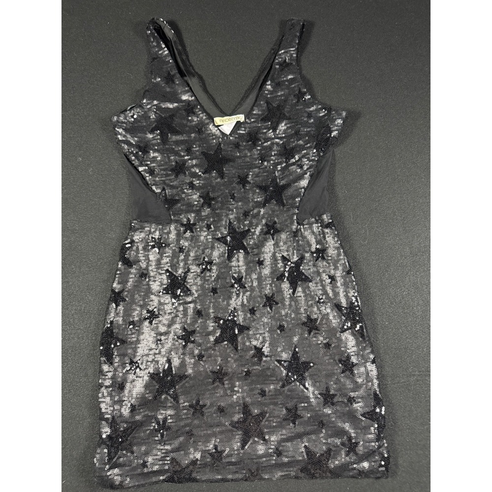 Arden B Womens Black Silver Sequin Star Mini Dress V-Neck Mesh Panels Size L